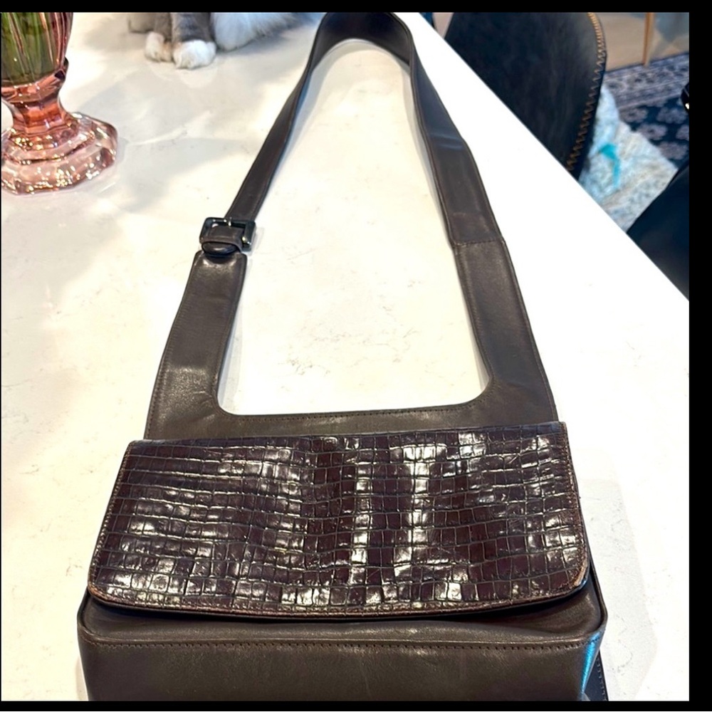 Donald J. Pliner Dark Brown Croc-Accent Crossbody Bag
